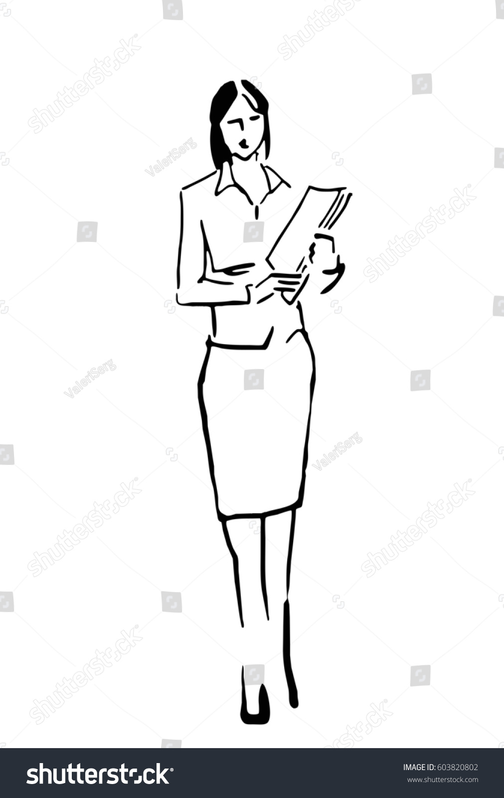 Business Look Woman Woman Papers Sketch Stock Illustration 603820802