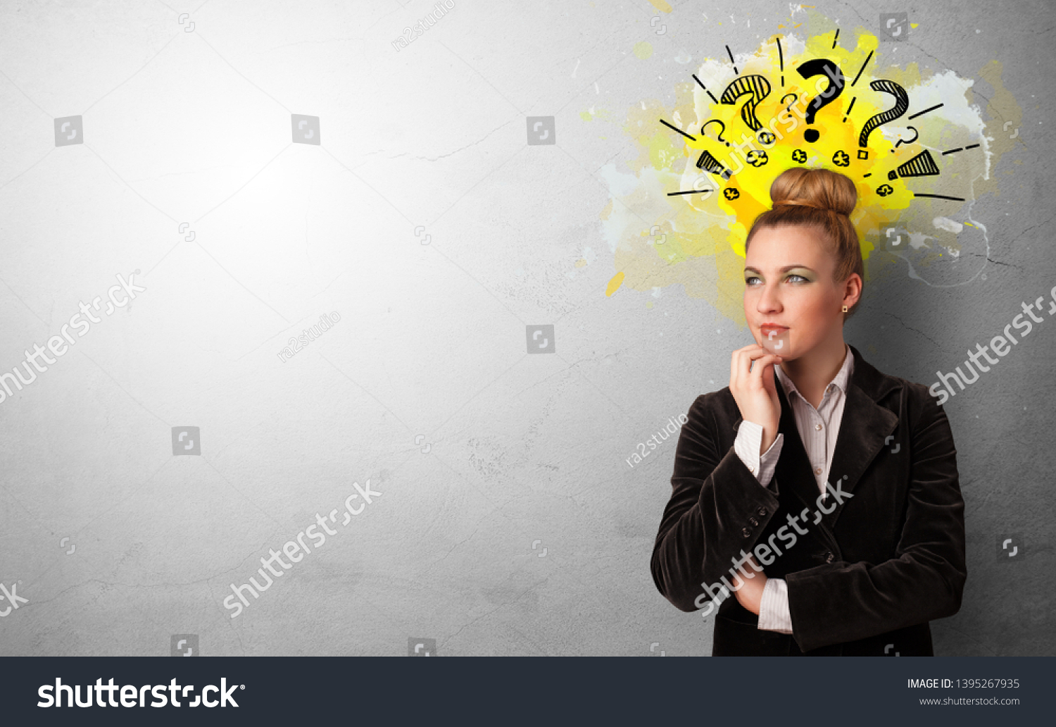  White Classic  Template Design Featuring Business Person Looking for New Idea with Question Marks