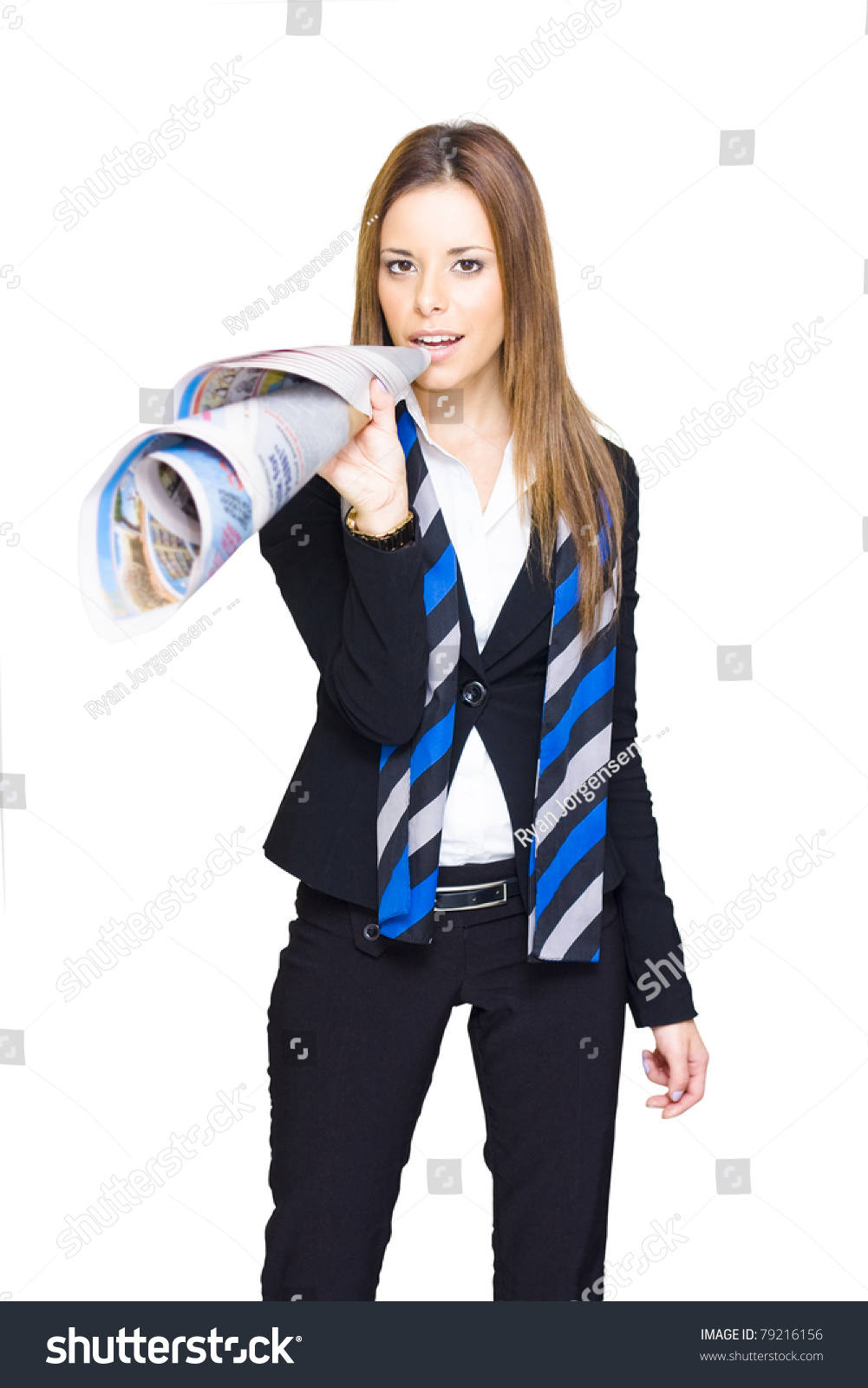 Business Woman Journalist Or Reporter Makes A Press Release Through Rolled Up Newspaper In Business Woman Journalist Or Reporter Makes A Press Release Through Rolled Up Newspaper In