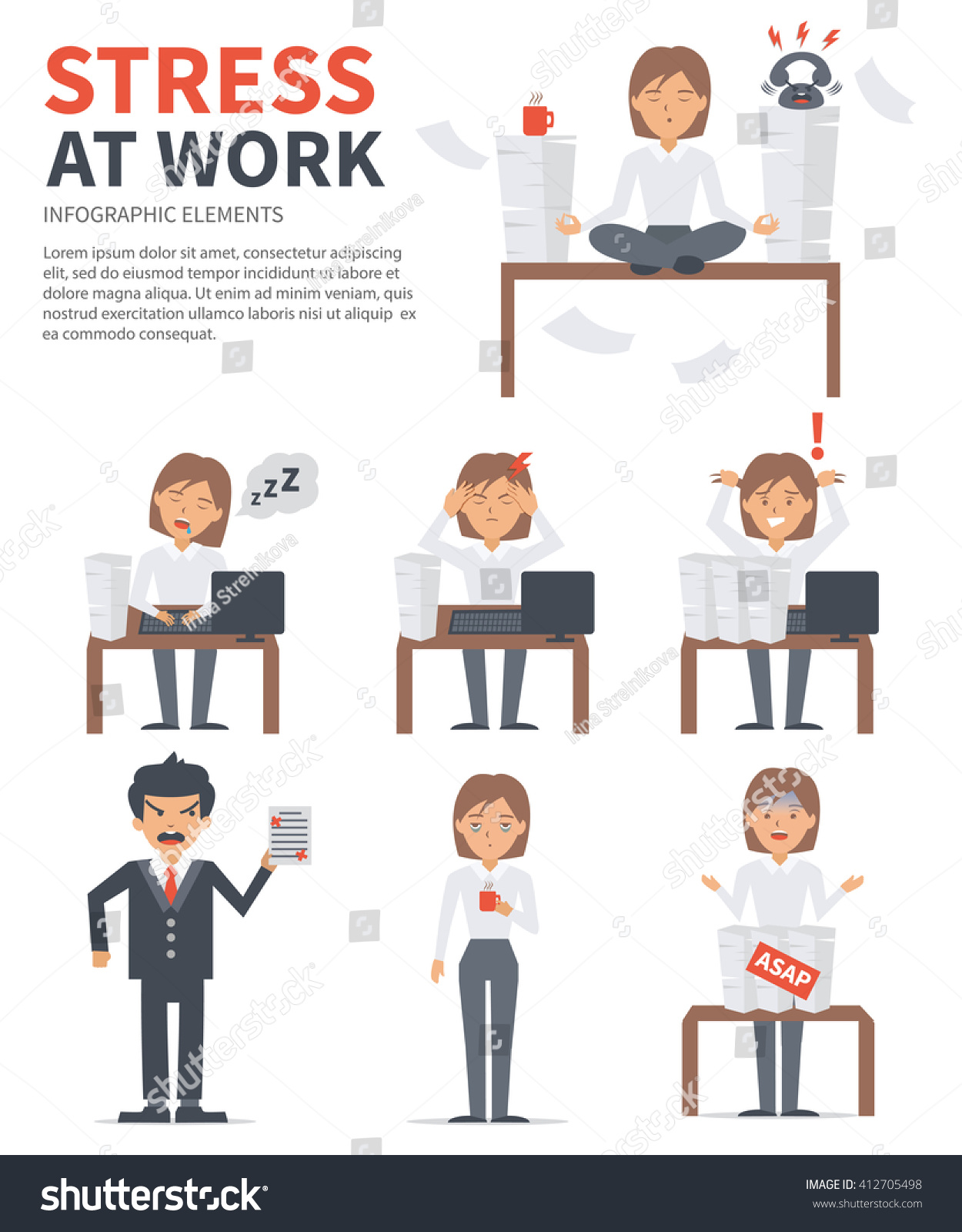 Business Woman Stress Day At Work. Stress Infographic. Stock Photo ...