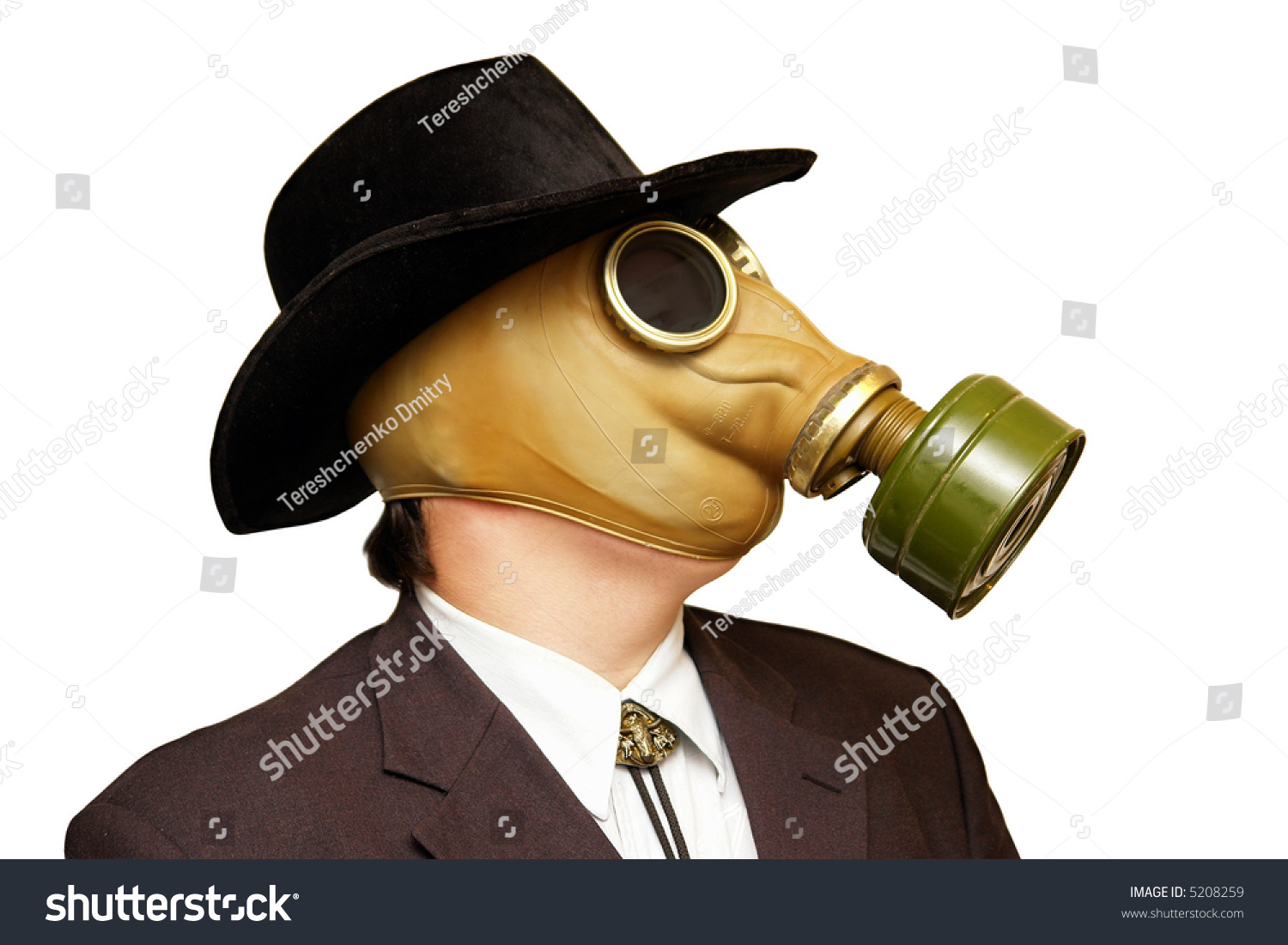 Businessman In Gas Mask & Cowboy Hat. Isolated On White. Stock Photo ...