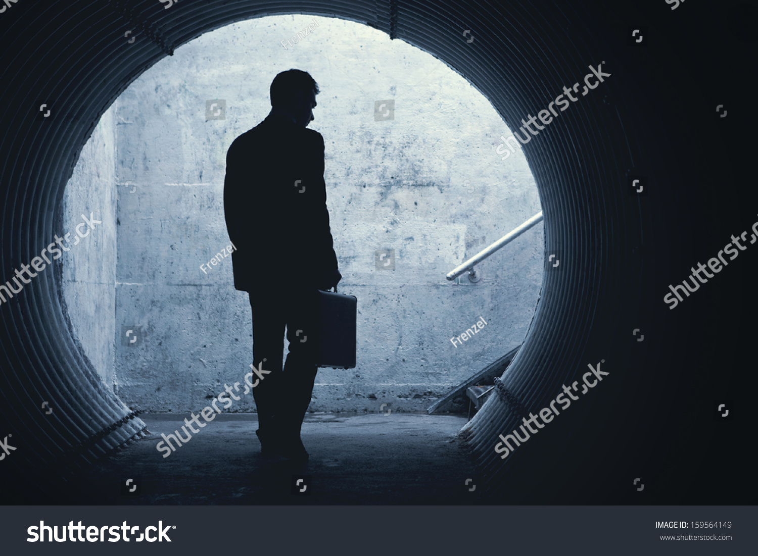 Businessman In Silhouette Walking In A Dark Tunnel. With Room For Your ... Silhouette Man Walking Tunnel