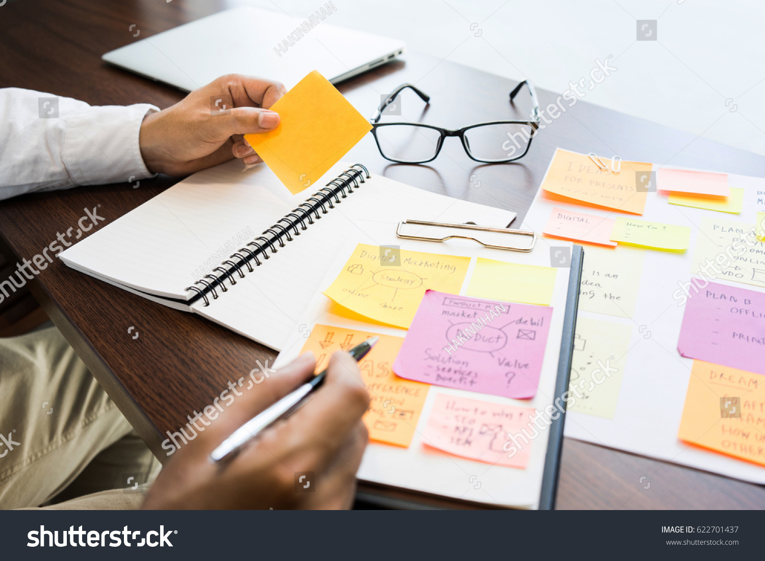 Businessman Working Note Paper Brainstorming Ideasstrategy Stock