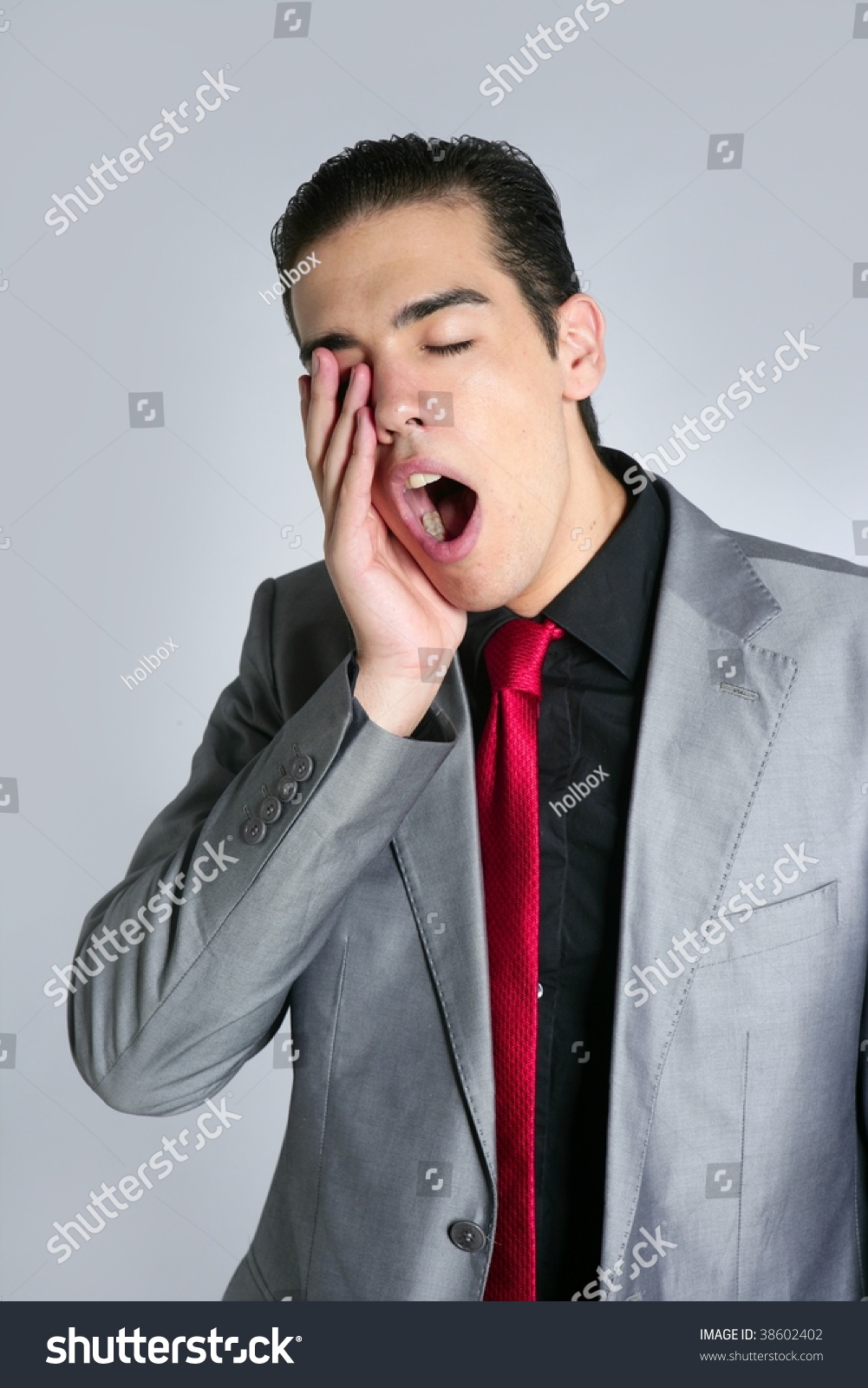 gray suit black shirt red tie