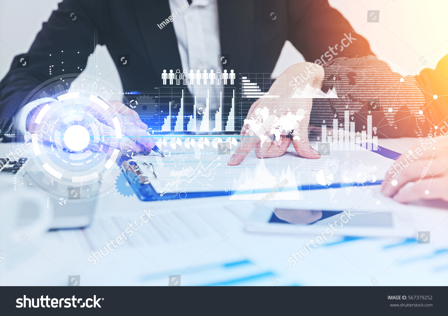 Businesspeople Working Together Office Desk Hitech Stock Photo