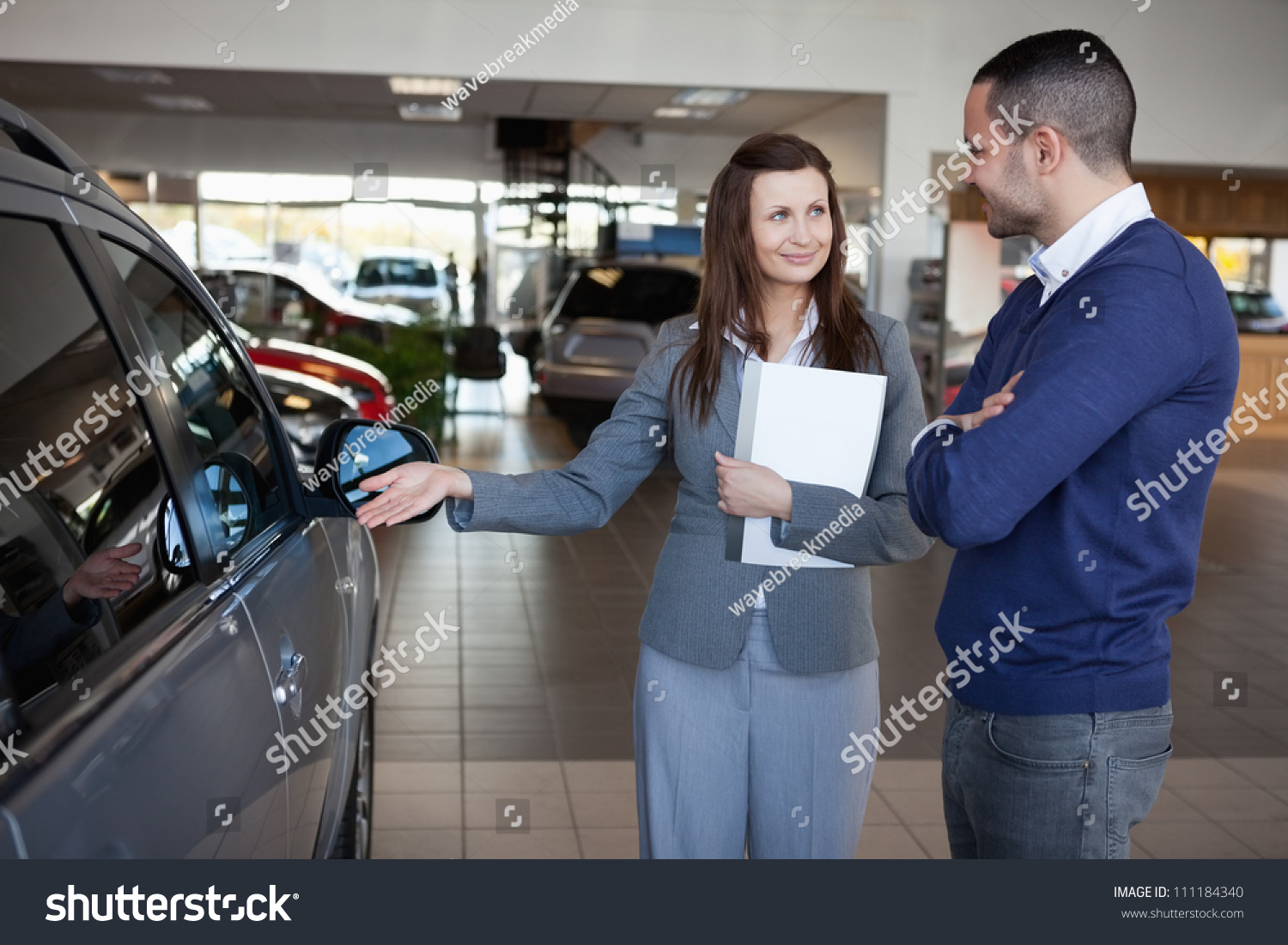  Ocean Colored Classic  Template Design Featuring Businesswoman Presenting a Car to a Client