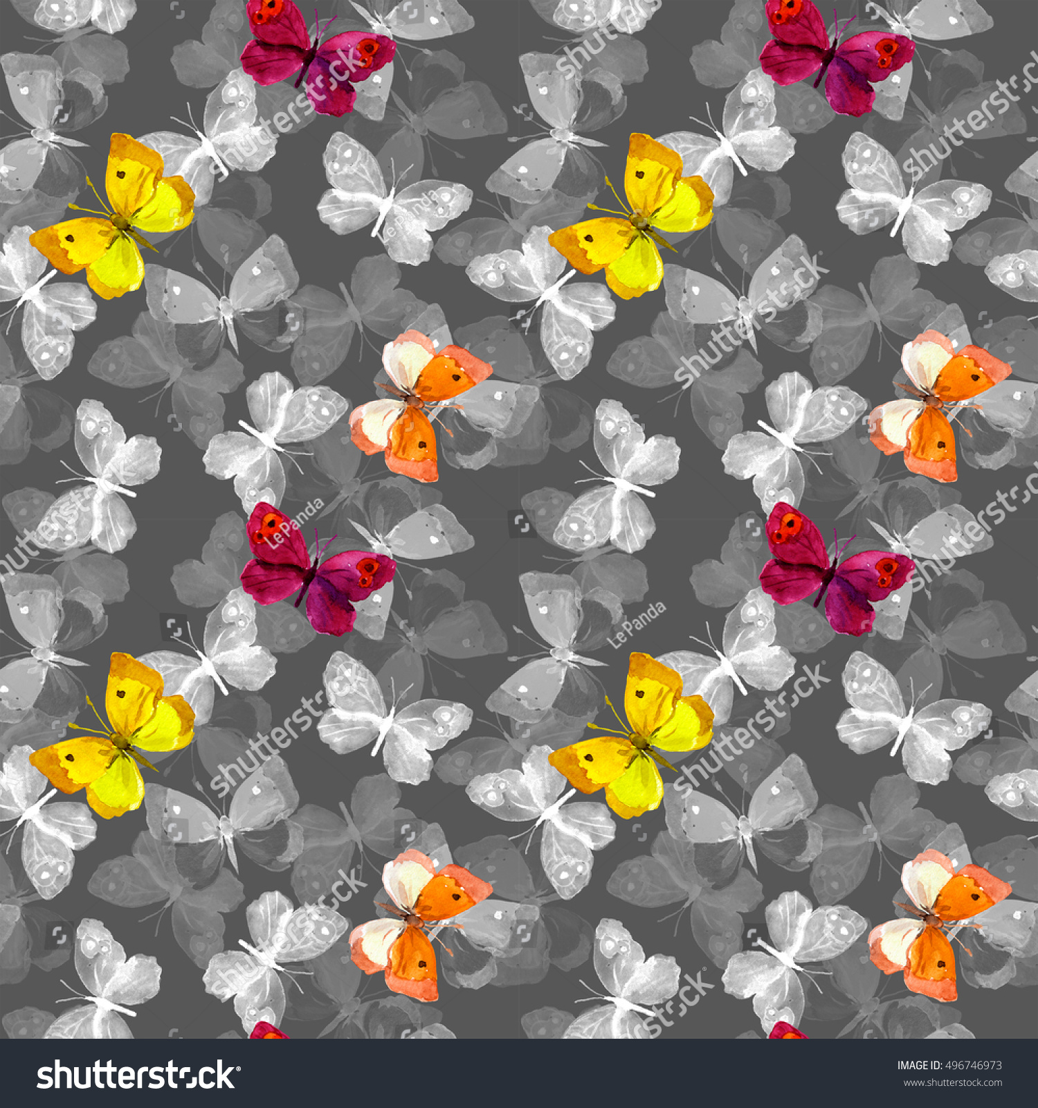 Butterflies Colorful Butterflies Grey Background Repeated Stock