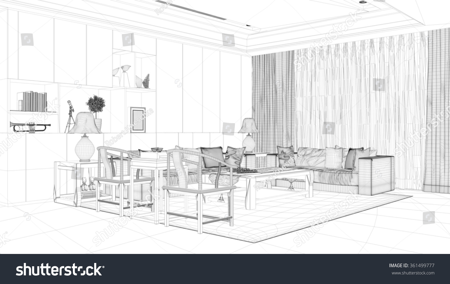 Cad Wireframe Mesh Room Planning Living 库存插图 361499777 Shutterstock 6602