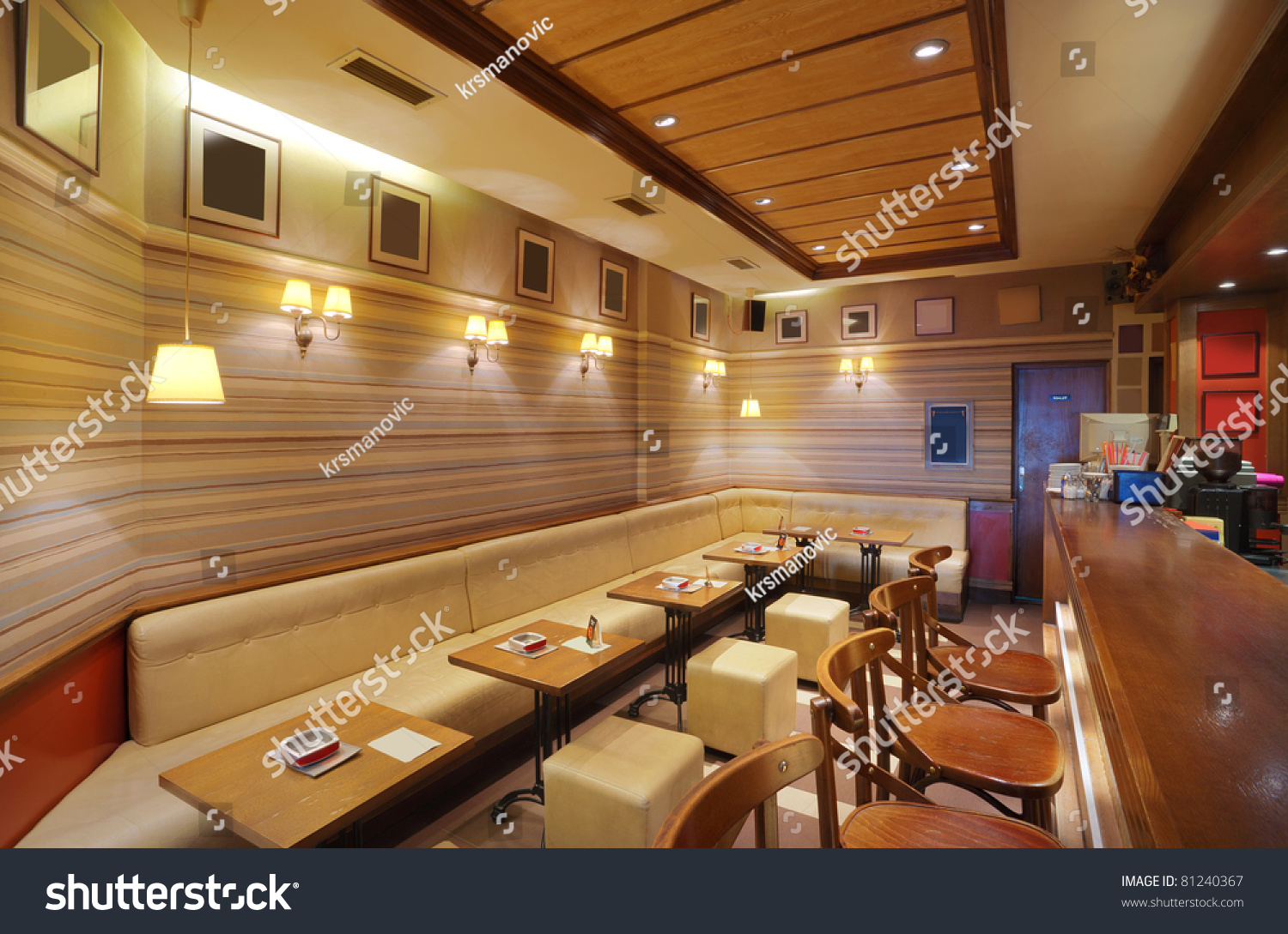 cafe interior wooden furniture lighting equipment stock photo cafe interior wooden furniture lighting equipment stock photo