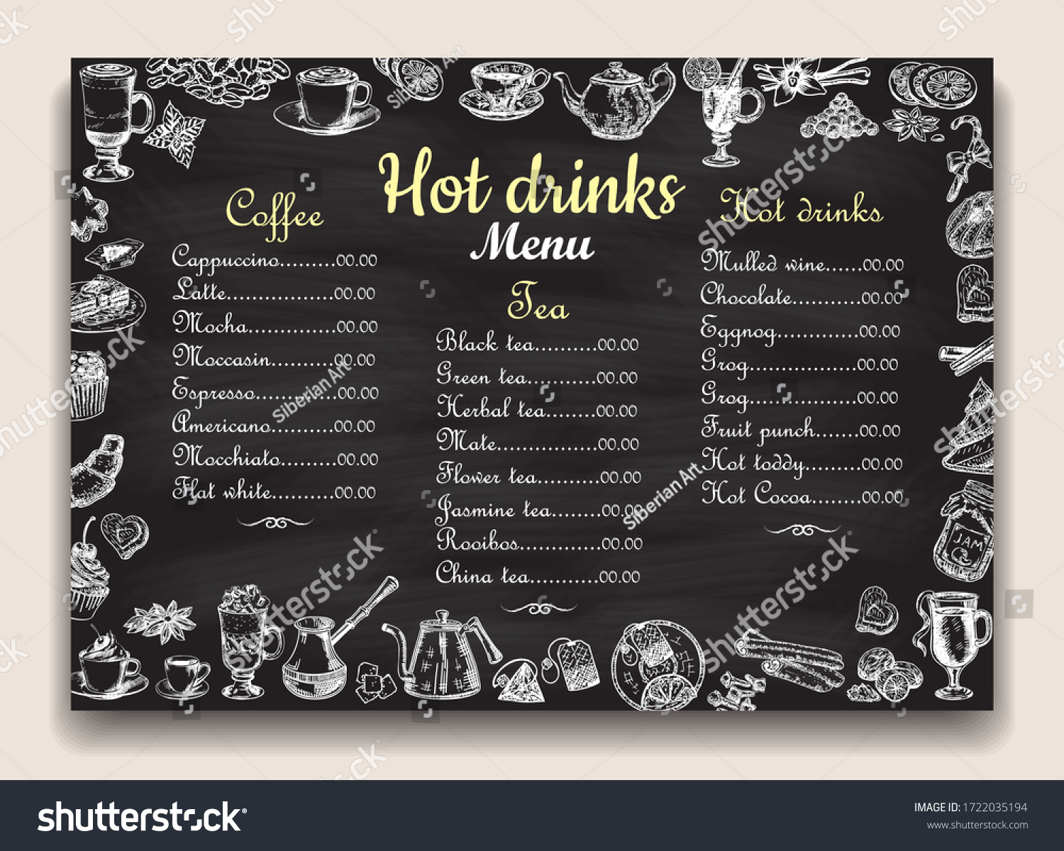 黒板のテンプレートにレストランのホットドリンクメニューリスト カフェ 手描きのお茶 コーヒー デザートに熱い飲み物の名前を付けます のイラスト素材