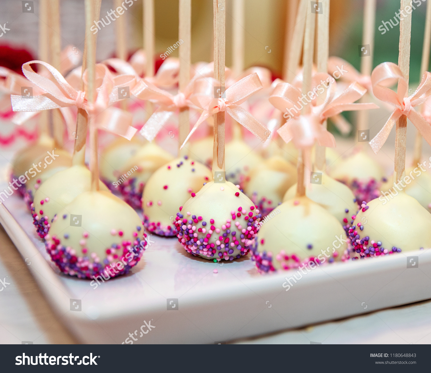 Cake Pops Decorated Bows On Plate Stock Photo Edit Now 1180648843