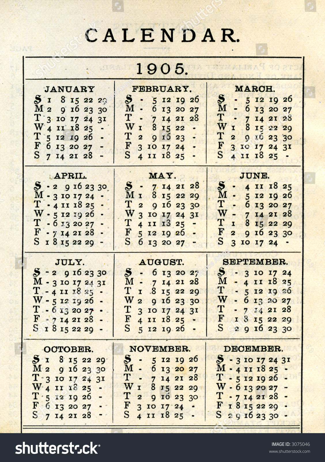 Calendar For 1905 Stock Photo 3075046 : Shutterstock