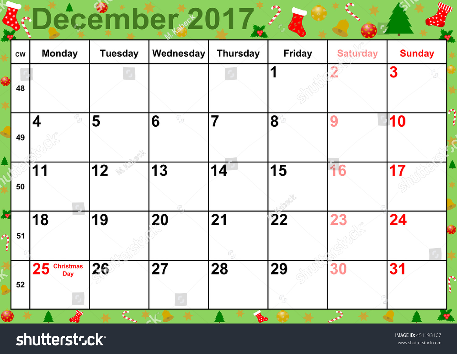 Calendar 2017 Months December Holidays Us Stock Illustration 451193167