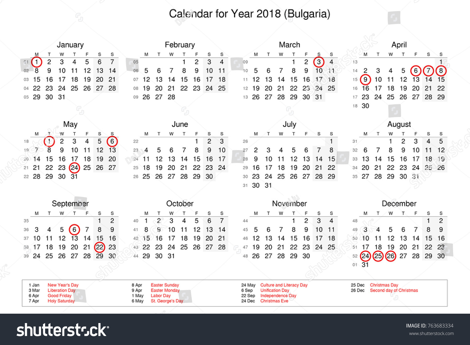 Calendar Year 2018 Public Holidays Bank Stock Illustration 763683334 ...