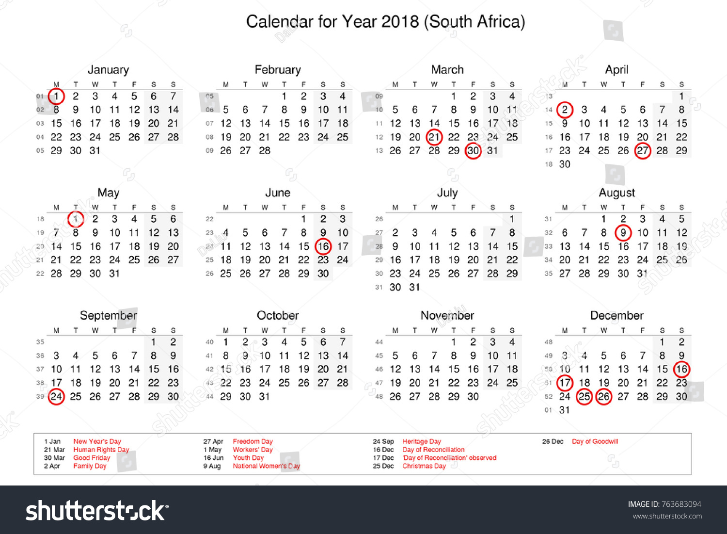 Calendar Year 2018 Public Holidays Bank Stock Illustration 763683094 
