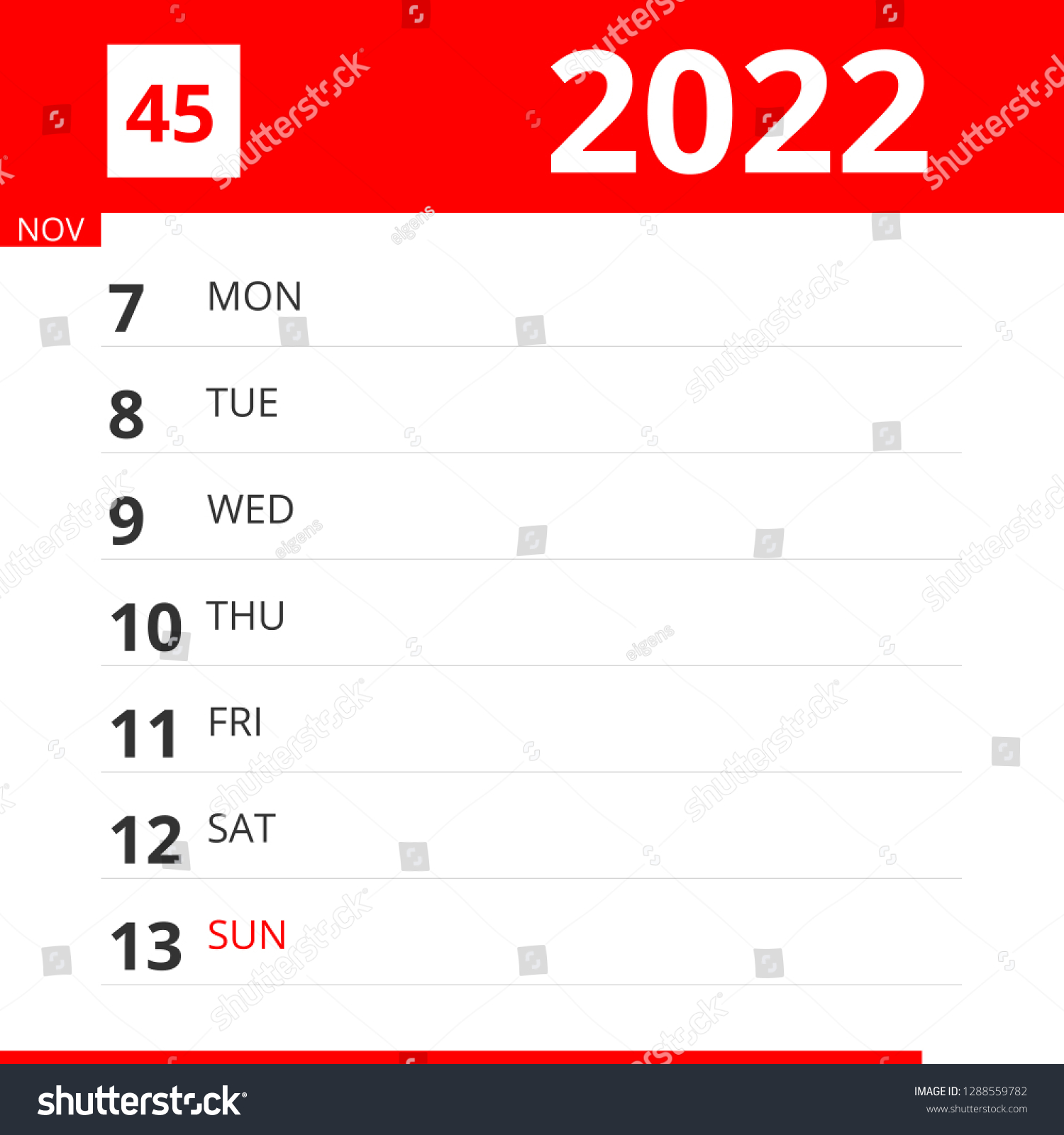 Calendar Planner Week 45 2022 Ends Stock Illustration 1288559782