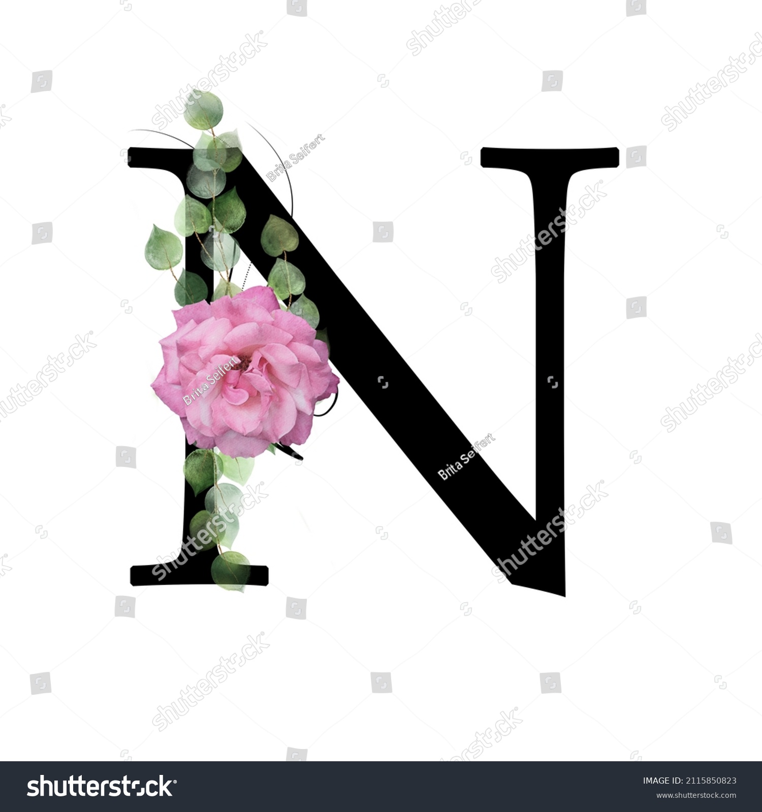 Capital Letter N Decorated Pink Rose Stock Illustration 2115850823