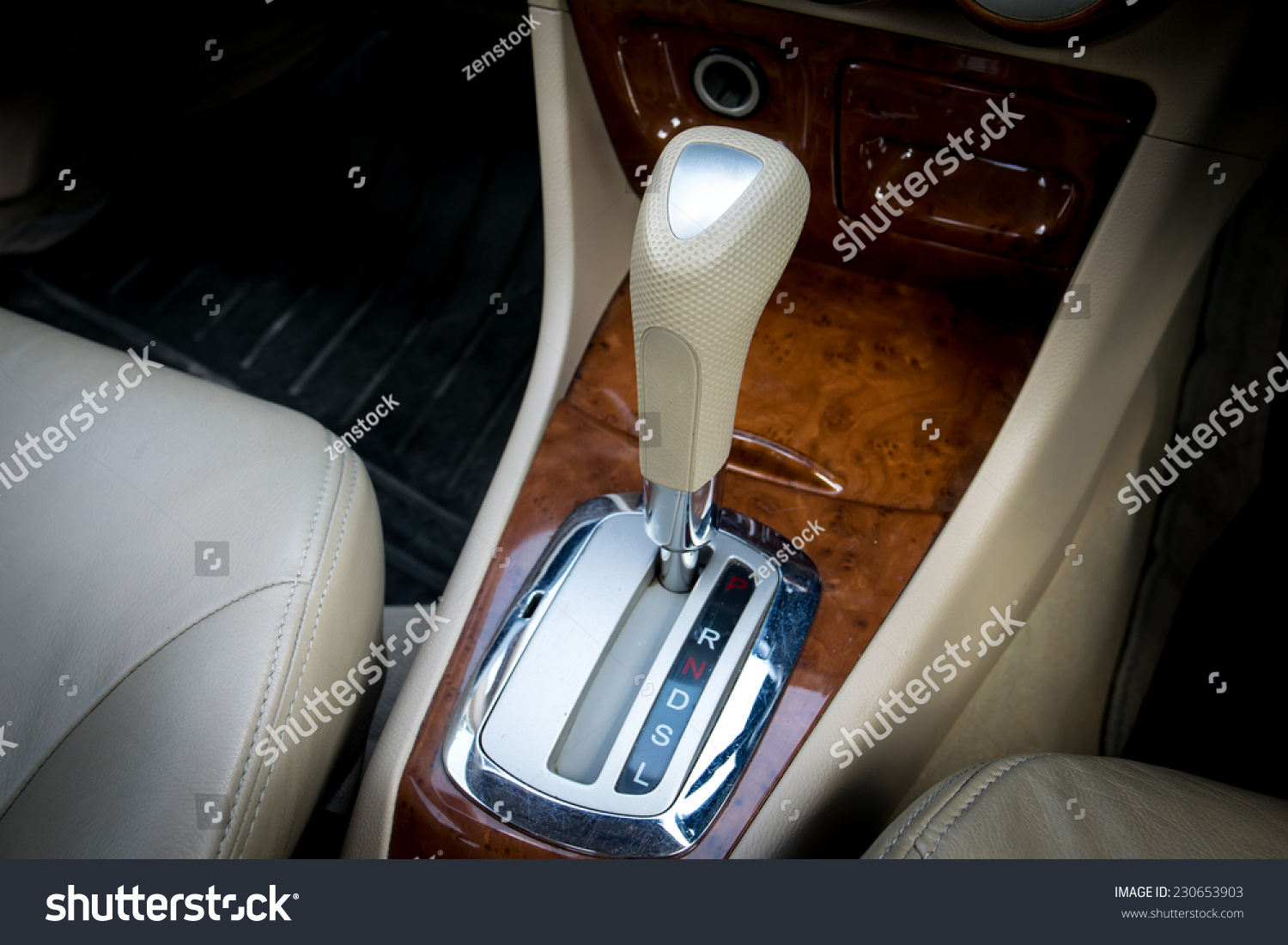 Car Interior Decorate Wood Automatic Transmission Stock Photo