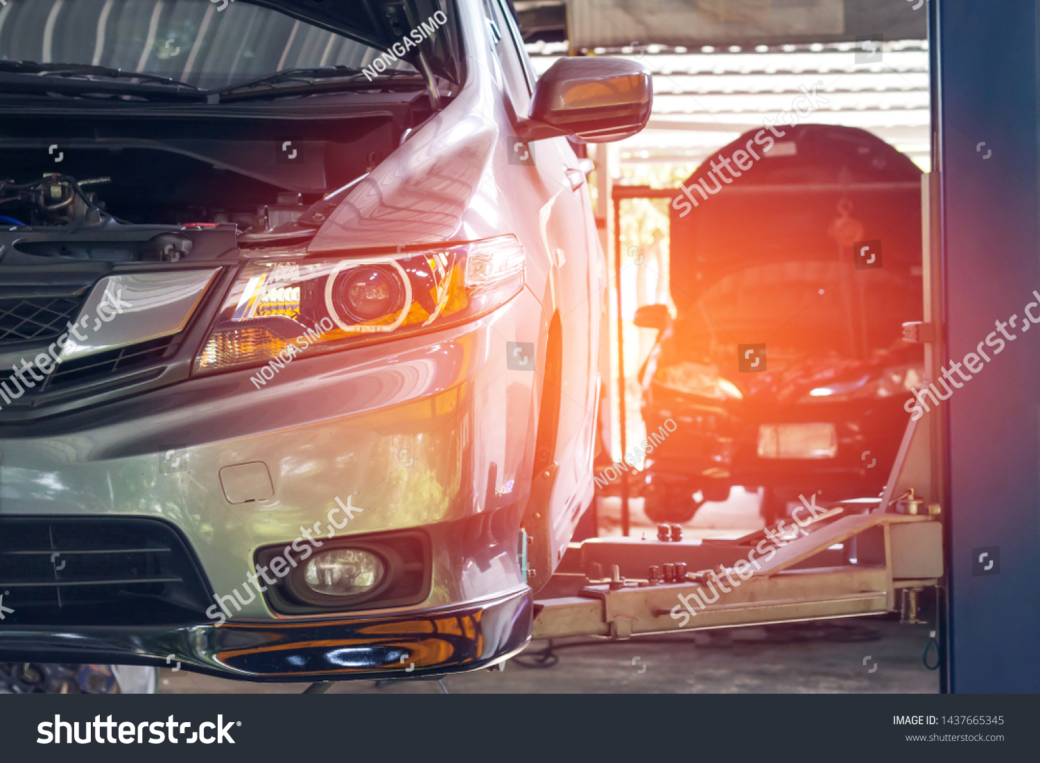 Car On Hoist Lift Garage Shop Stock Photo Edit Now 1437665345