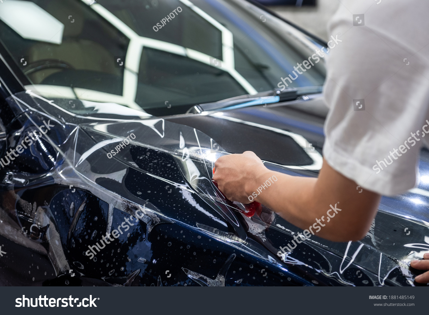 Car Wrapping Specialist Cutting Vinyl Transparent Stock Photo ...