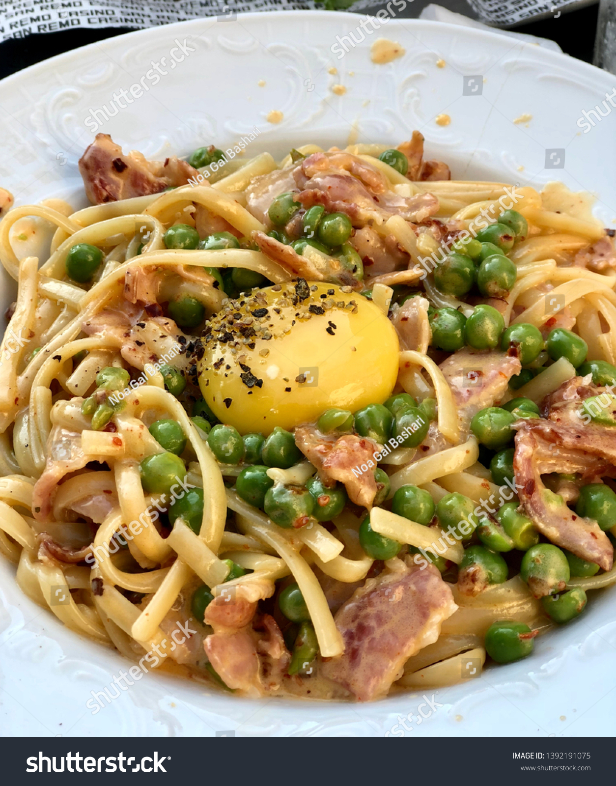 Carbonara Pasta Spaghetti Bacon Peas Parmesan Stock Photo Edit Now