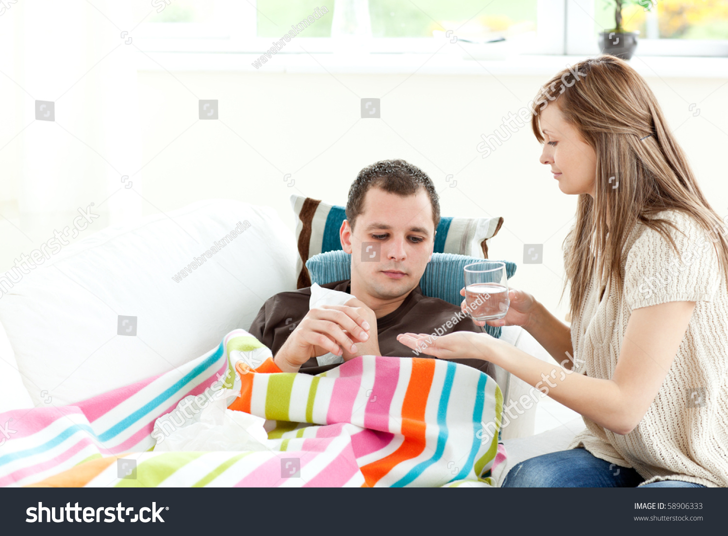 Caring Girlfriend Giving His Sick Boyfriend Stock Photo 58906333