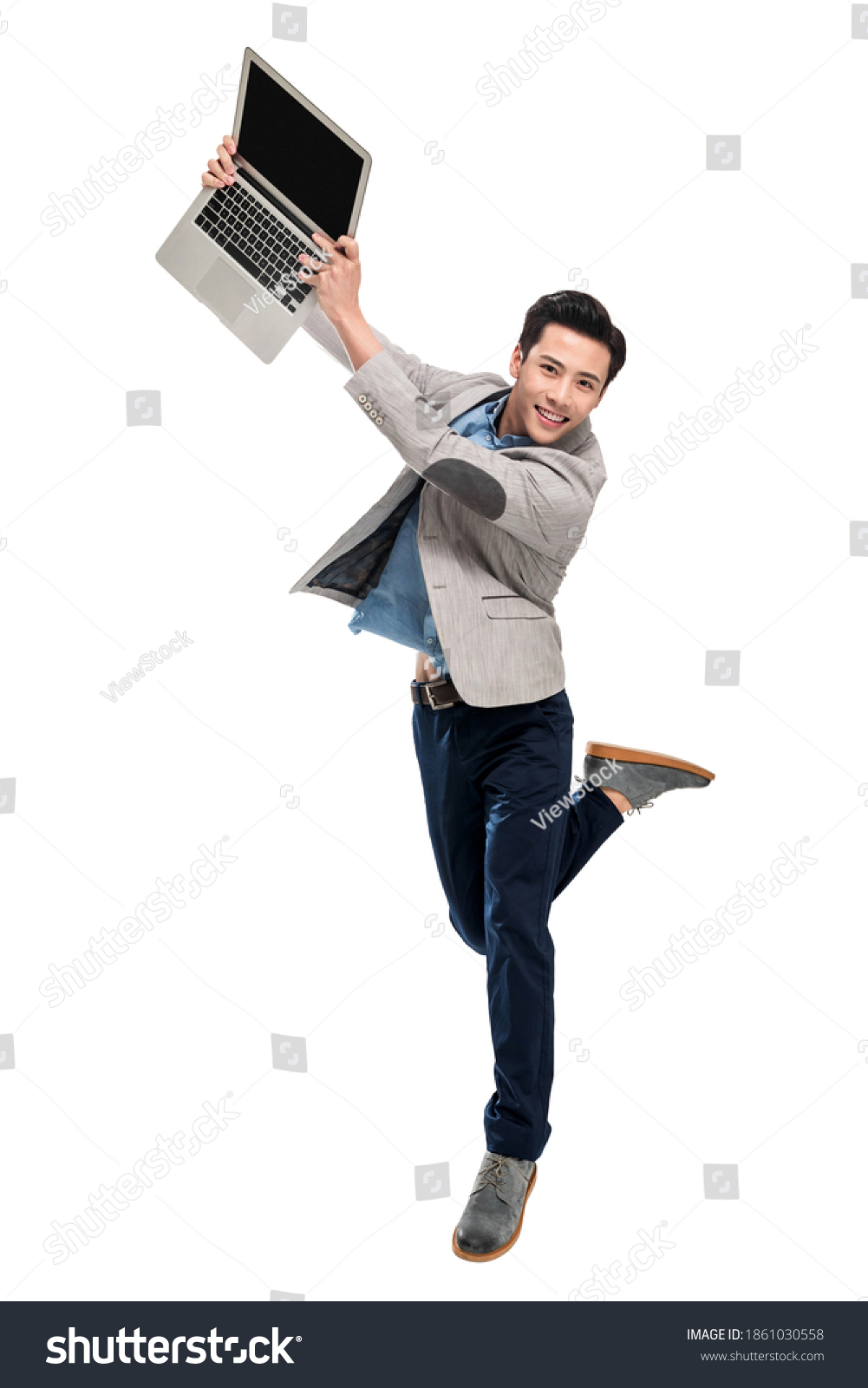 Carrying Laptop Bouncing Youth Business Man Stock Photo 1861030558 ...