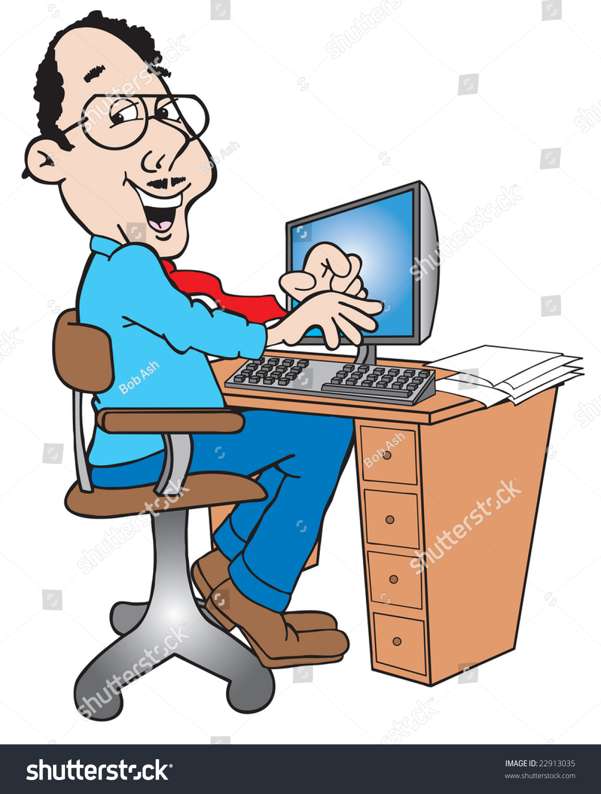 Cartoon Art Man Sitting His Desk Stock Illustration