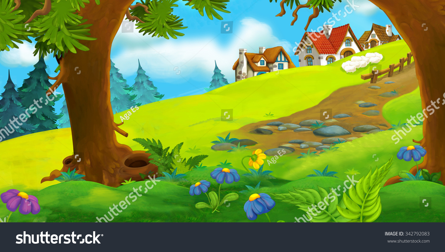 Cartoon Background Of Old Village - Illustration For The Children