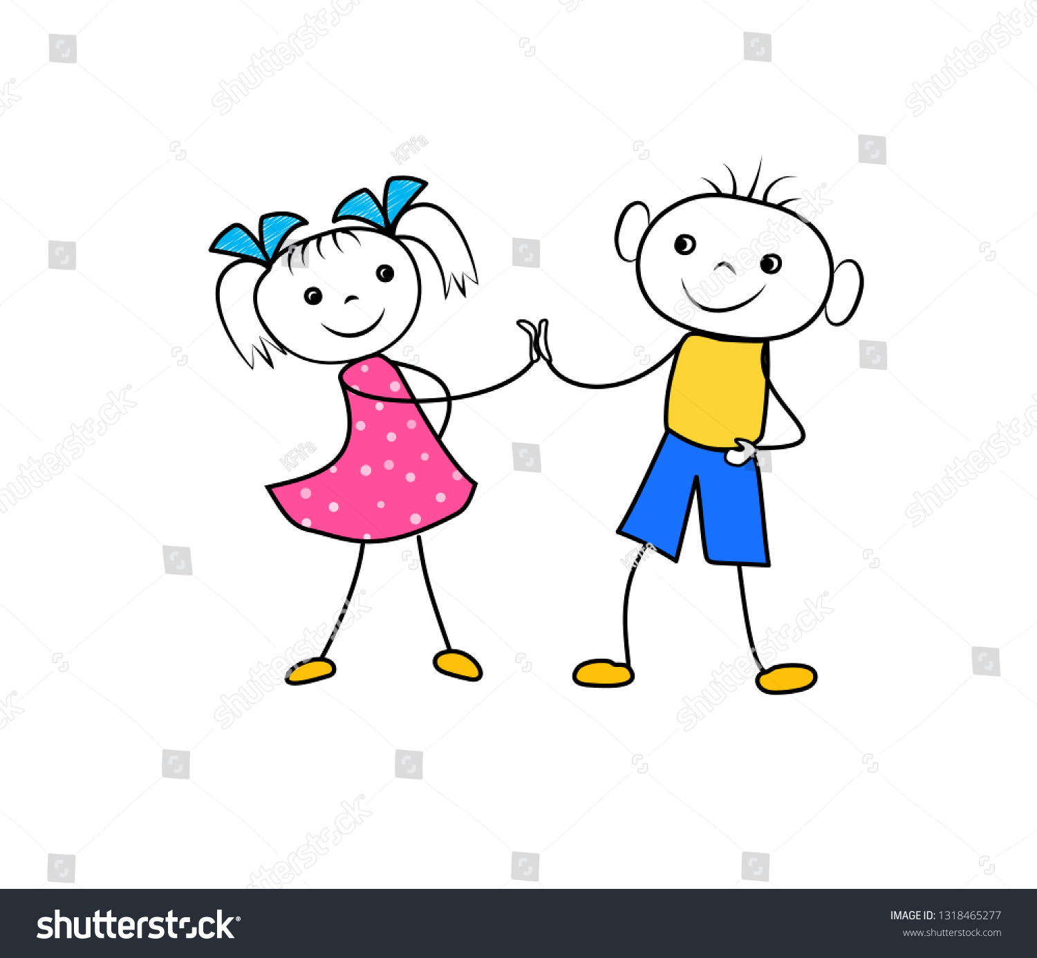 Cartoon Boy Girl Holding Hands Glad Stock Illustration