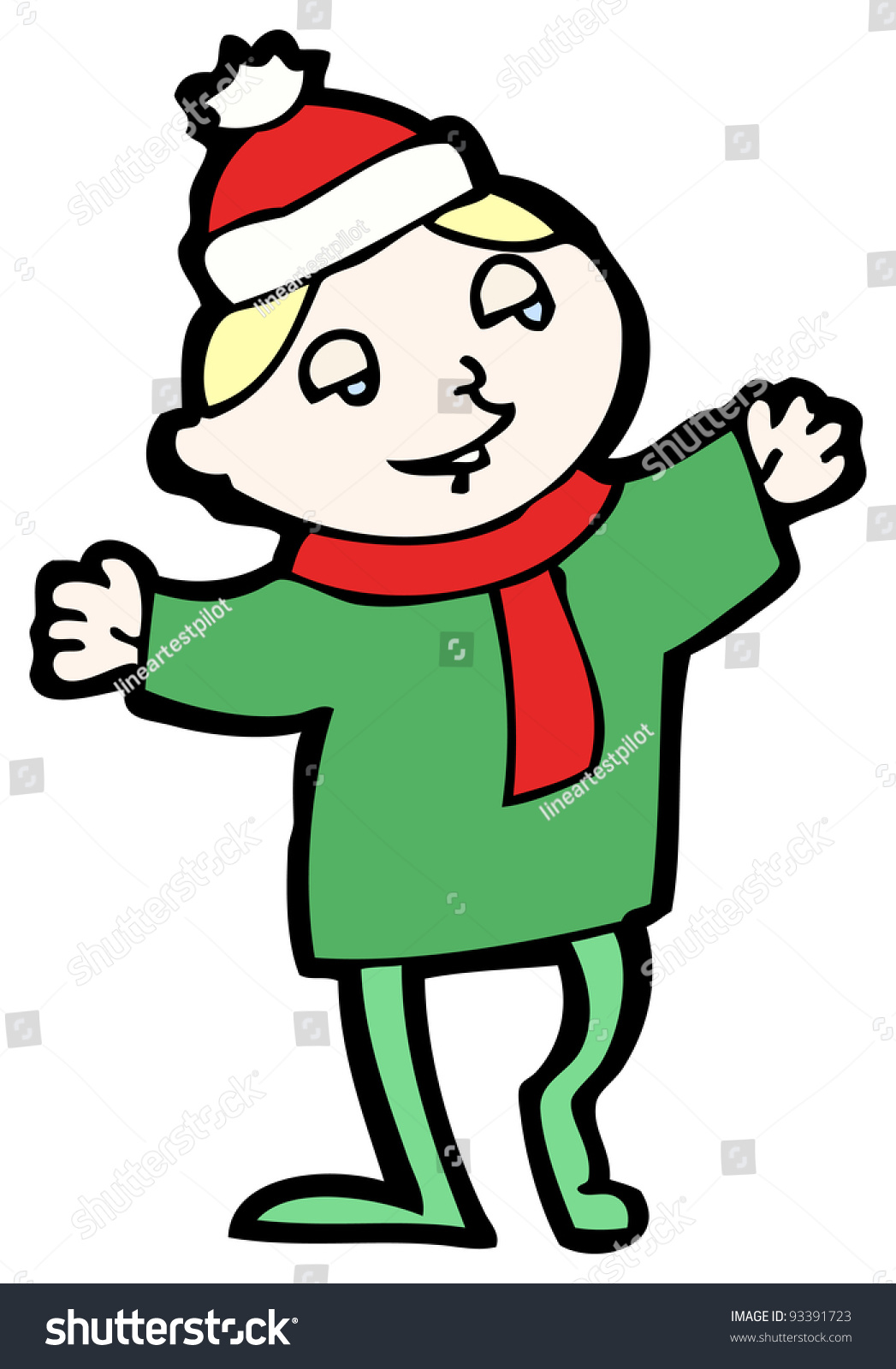 Cartoon Boy In Christmas Hat And Scarf Stock Photo 93391723 : Shutterstock