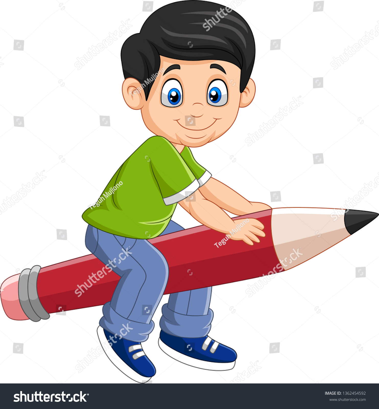 Cartoon Boy Riding Flying Pencil Stock Illustration 1362454592 ...