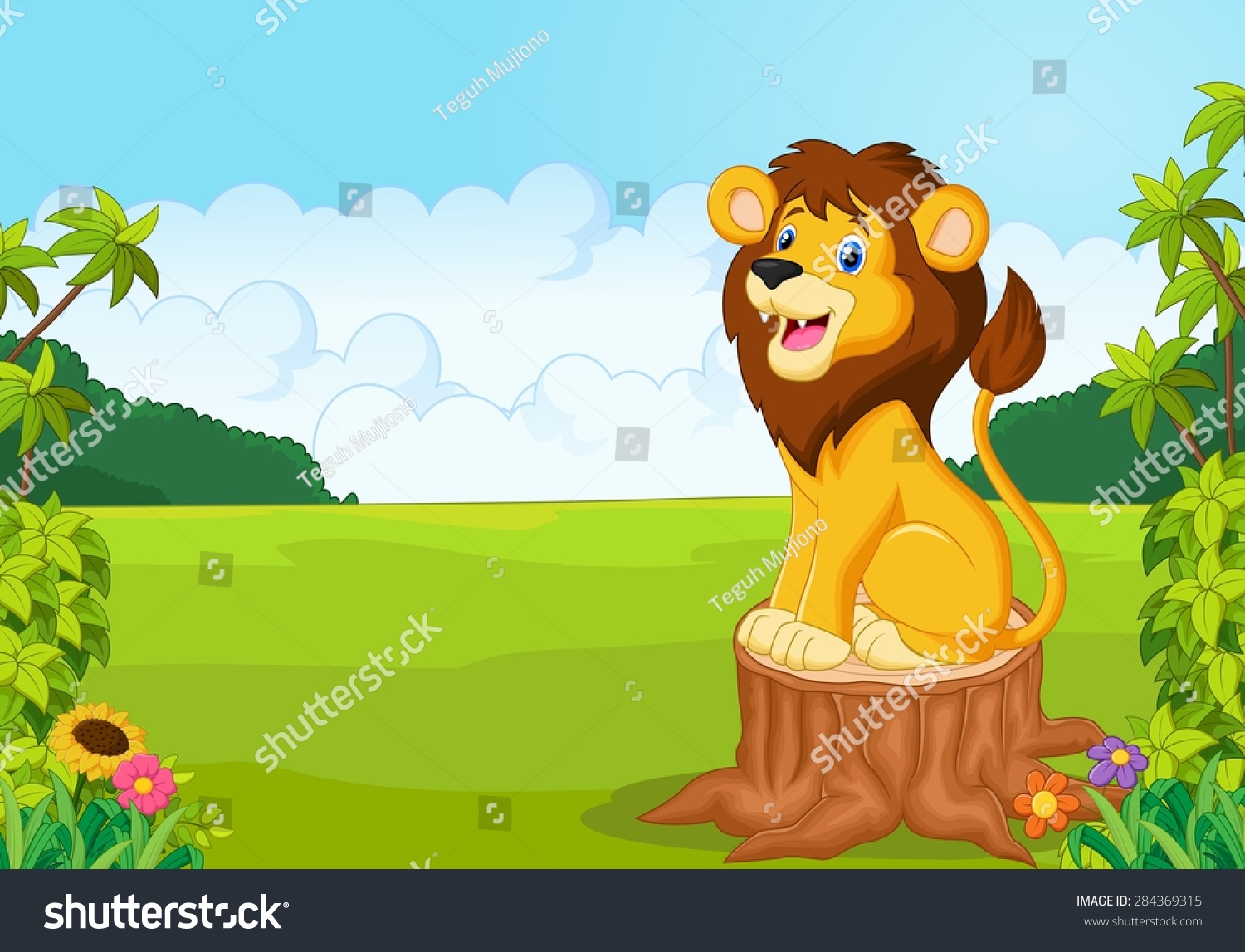漫画のかわいいライオンが木に座る のイラスト素材