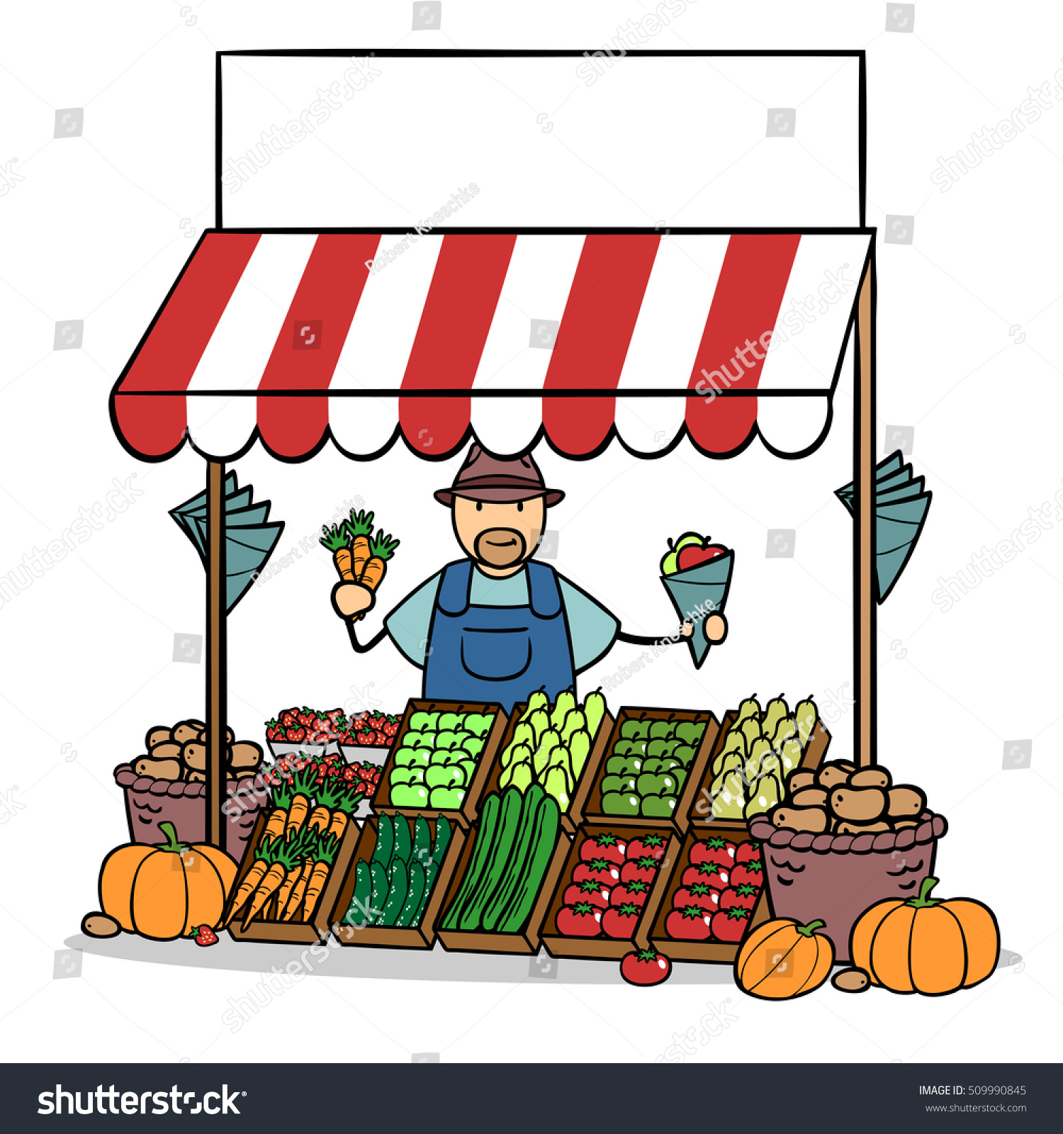 Cartoon Farmer Selling Fresh Fruits Vegetables Stock Illustration