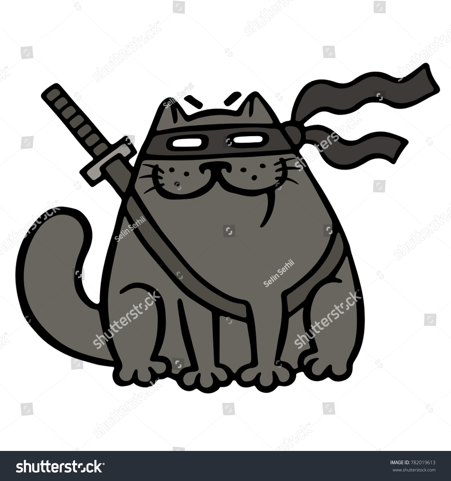 Cartoon Fat Ninja Cat Mask Sword Stock Illustration 782019613