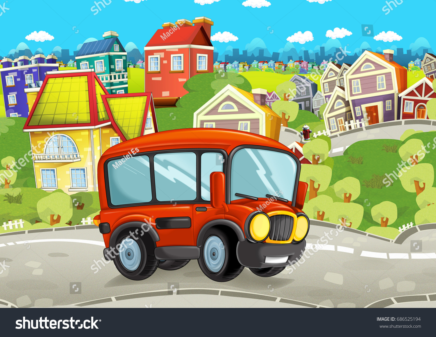 Cartoon Funny Looking Bus Driving Through Stock Illustration 686525194 ...