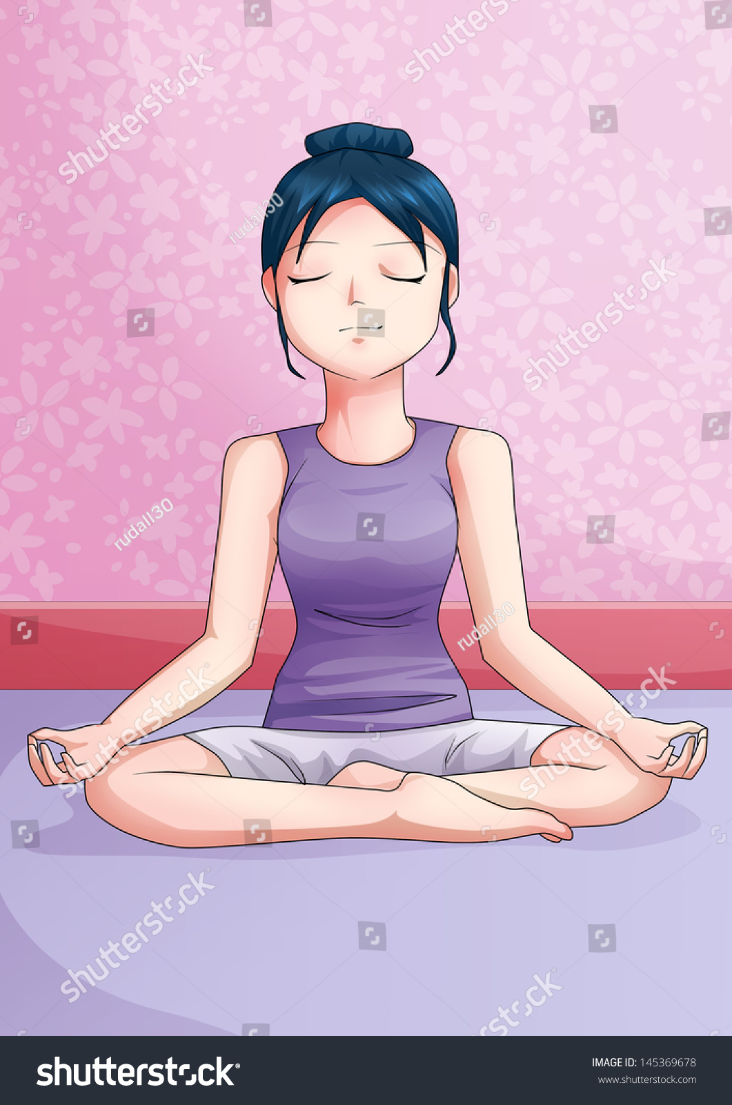 Cartoon Illustration Meditating Young Woman Stock Illustration ...