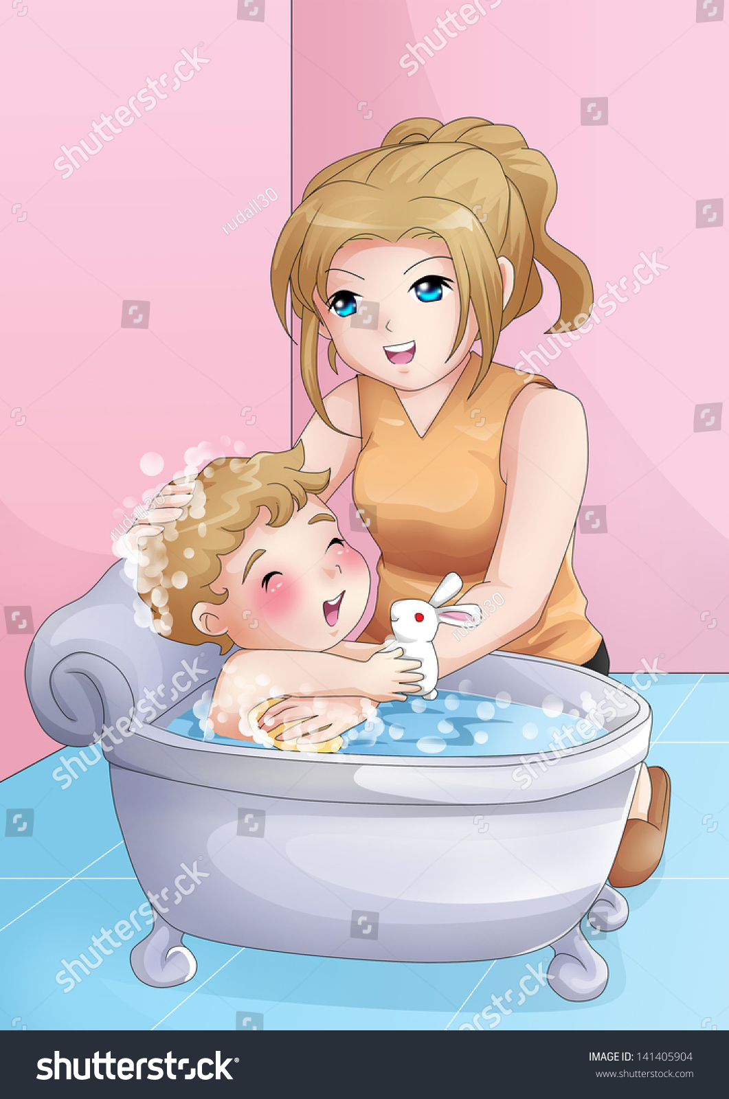 Cartoon Illustration Mother Bathing Her Child: ภาพประกอบสต็อก 141405904