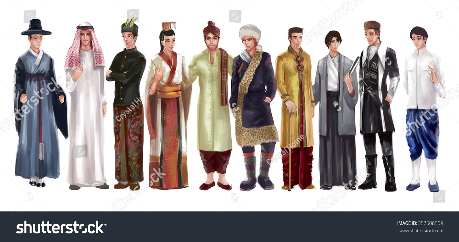 アジアの男性が伝統的 宗教的 民族衣装のファッション服セットを着た アジアの男性の漫画イラスト は 各国の芸術と文化を友好的 世界平和のコンセプトで表現したものです のイラスト素材 357508559