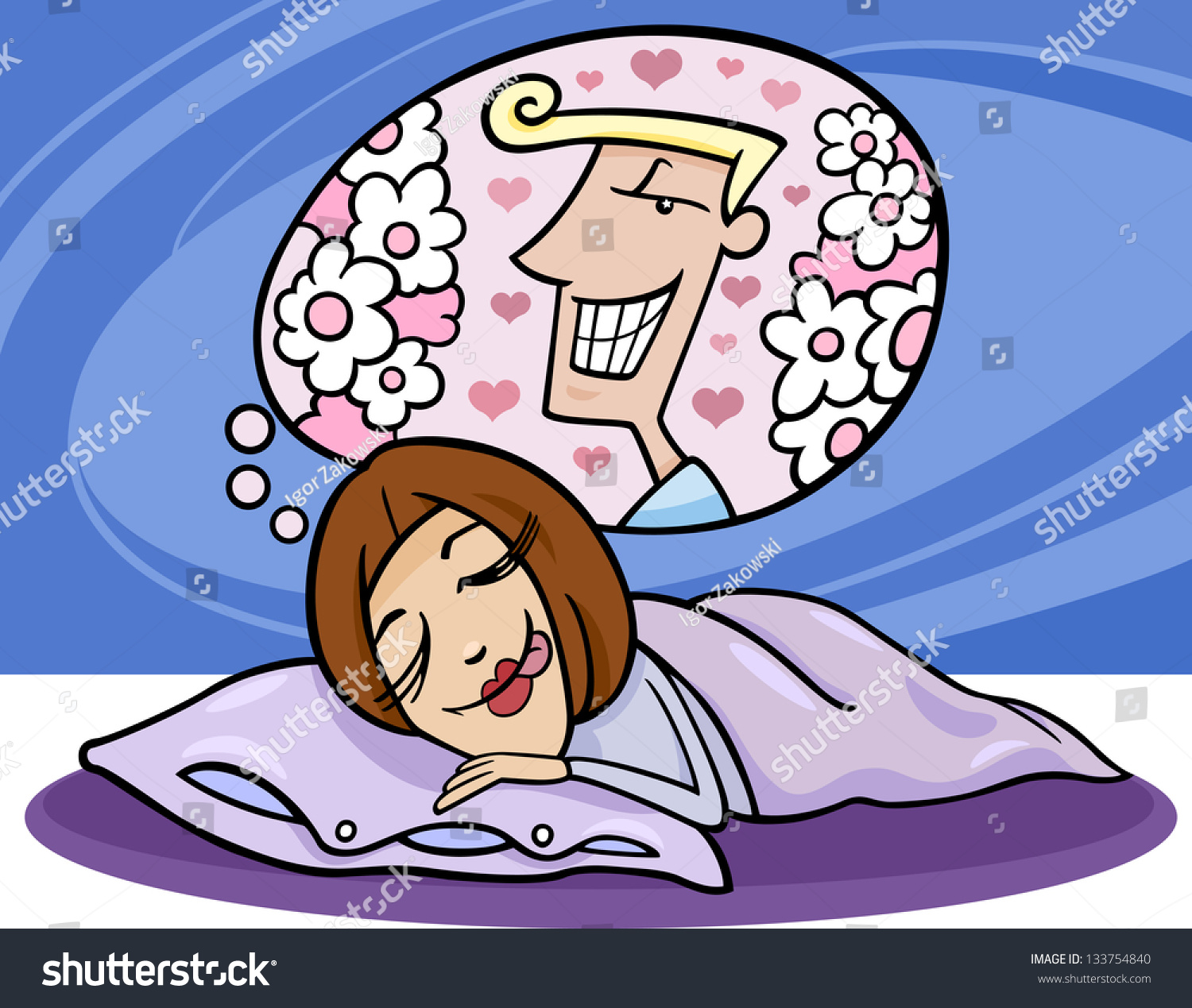 Cartoon Illustration Of Cute Funny Woman In Love Dreaming About A Man ...