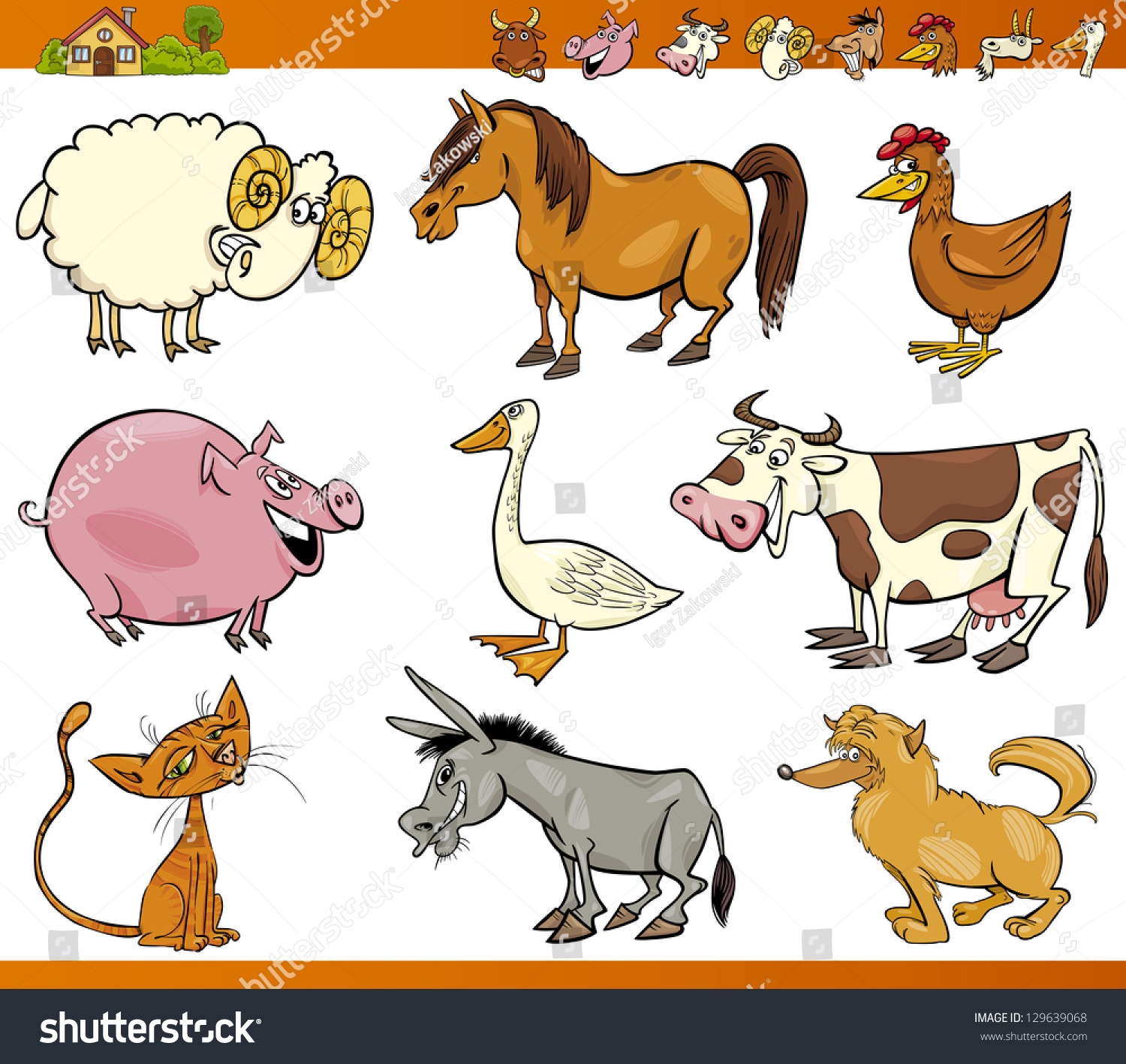 Cartoon Illustration Set Of Cheerful Farm And Livestock Animals ...