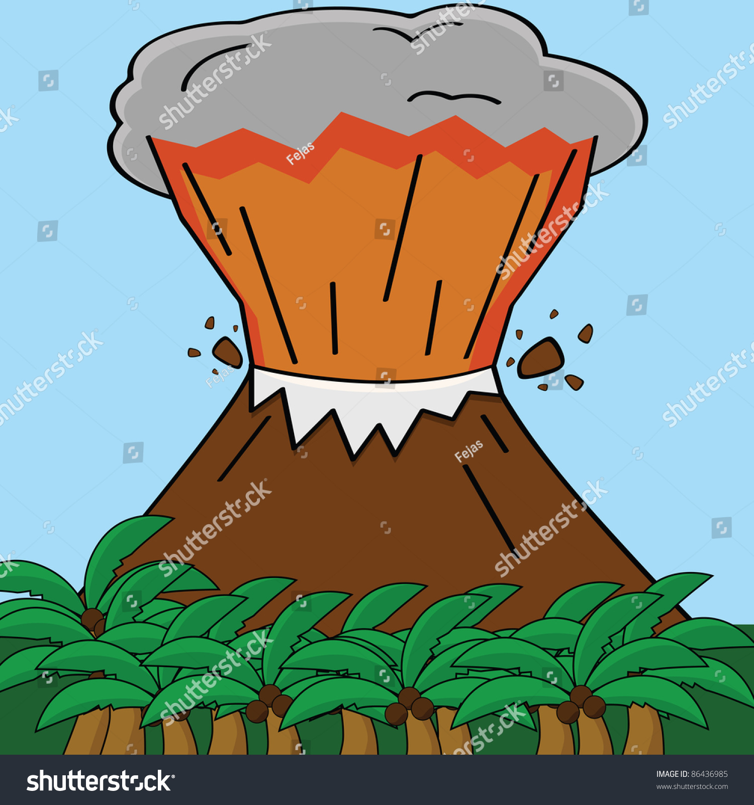 Cartoon Illustration Showing An Erupting Volcano In A Tropical Island ...