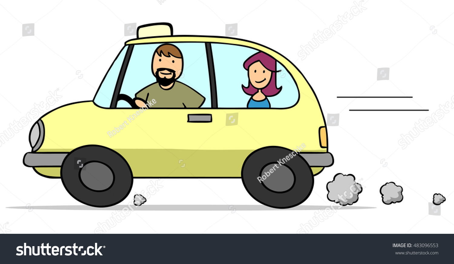 Cartoon Man As Taxi Driver In Cab With Female Passenger Stock Photo