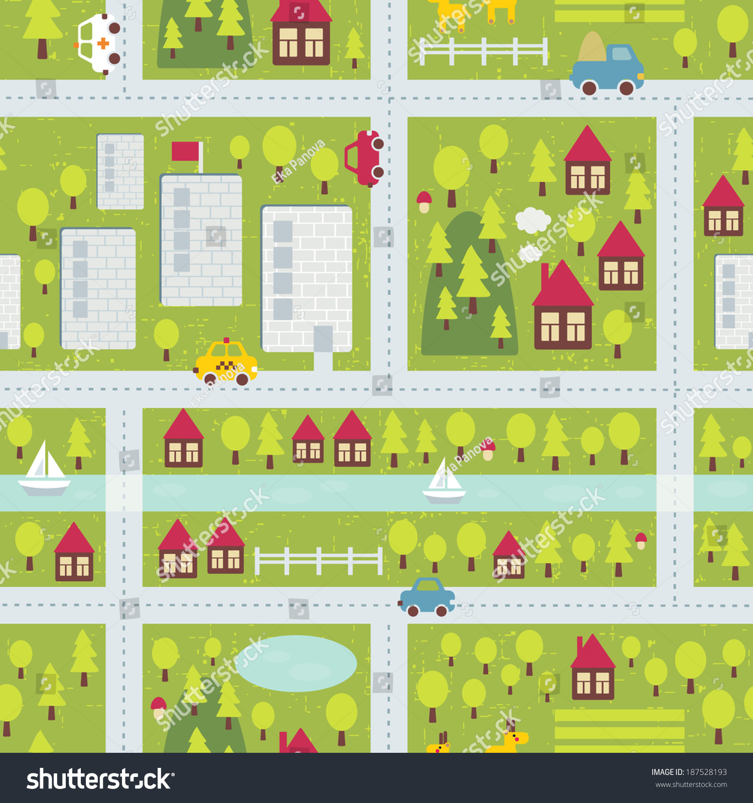 Cartoon Map Seamless Pattern Small Town のイラスト素材