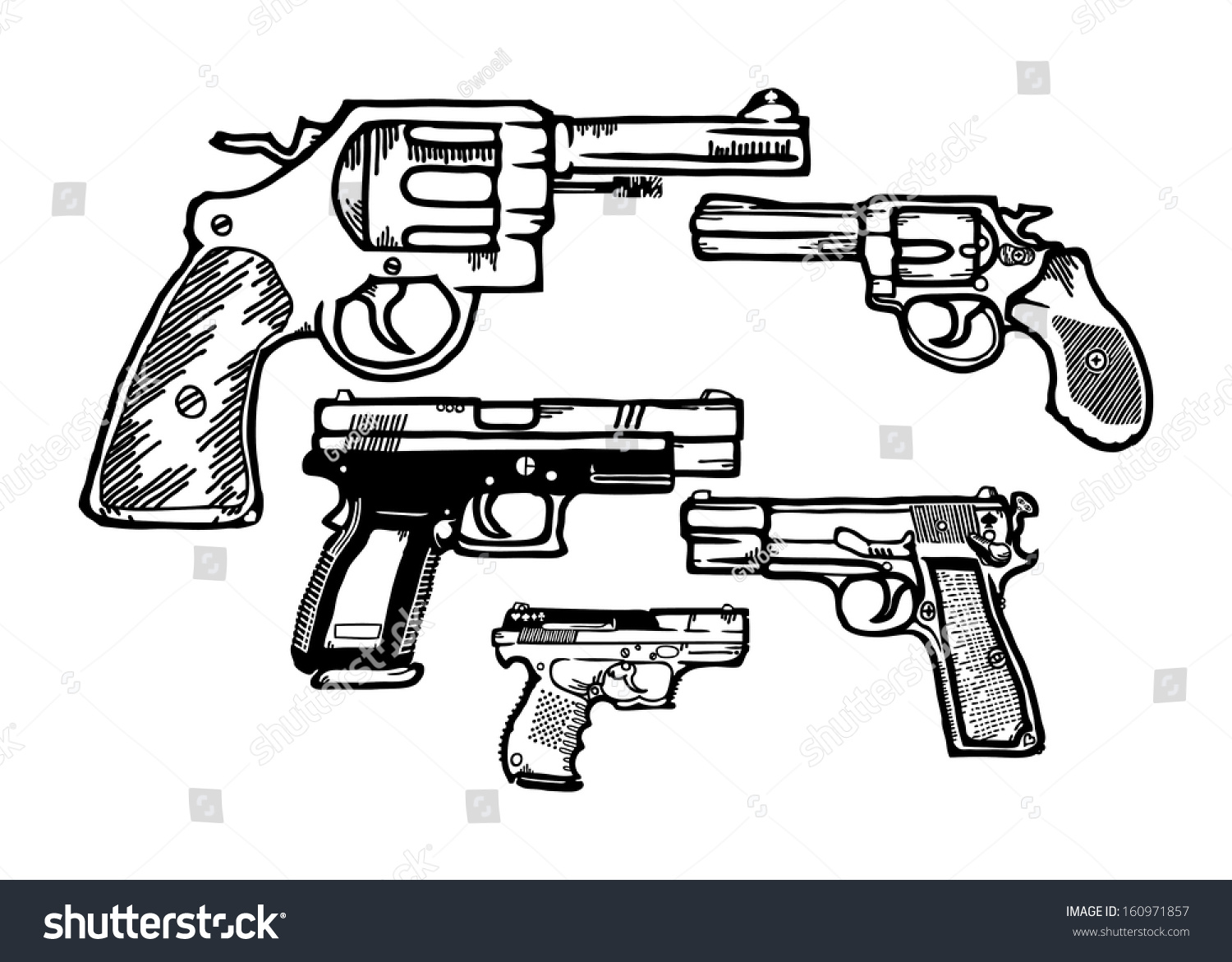 Cartoon Of An Assortment Of Small Armed Pistol And Handguns, Isolated ...