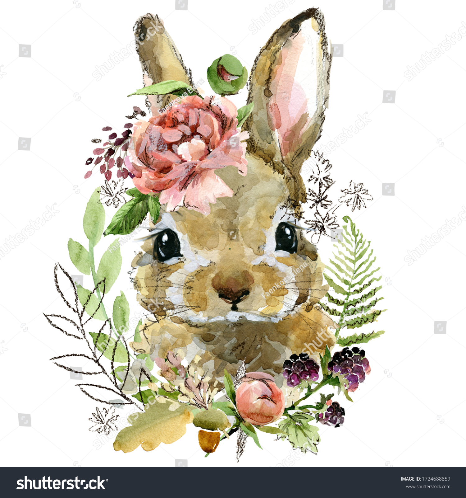 Cartoon Rabbit. Forest Animal Illustration. Cute Watercolor Hare