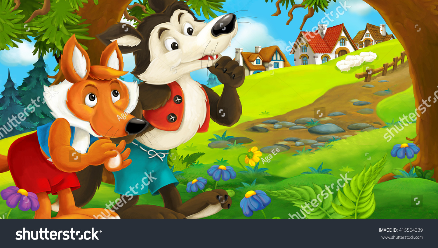 Cartoon Scene Fox Wolf Planning Do Stock Illustration 415564339