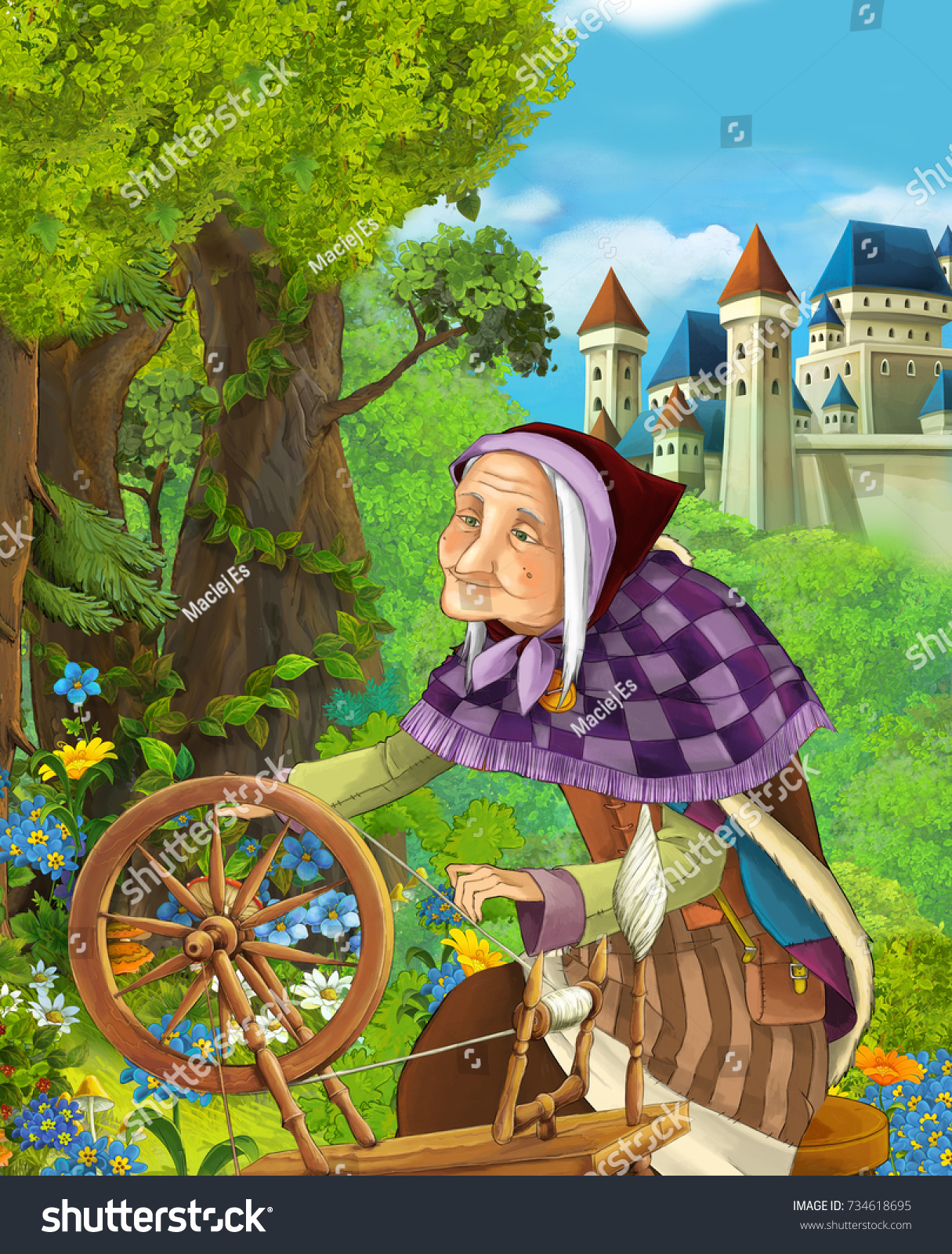 Cartoon Scene Older Woman Wooden Spinning Stock Illustration 734618695