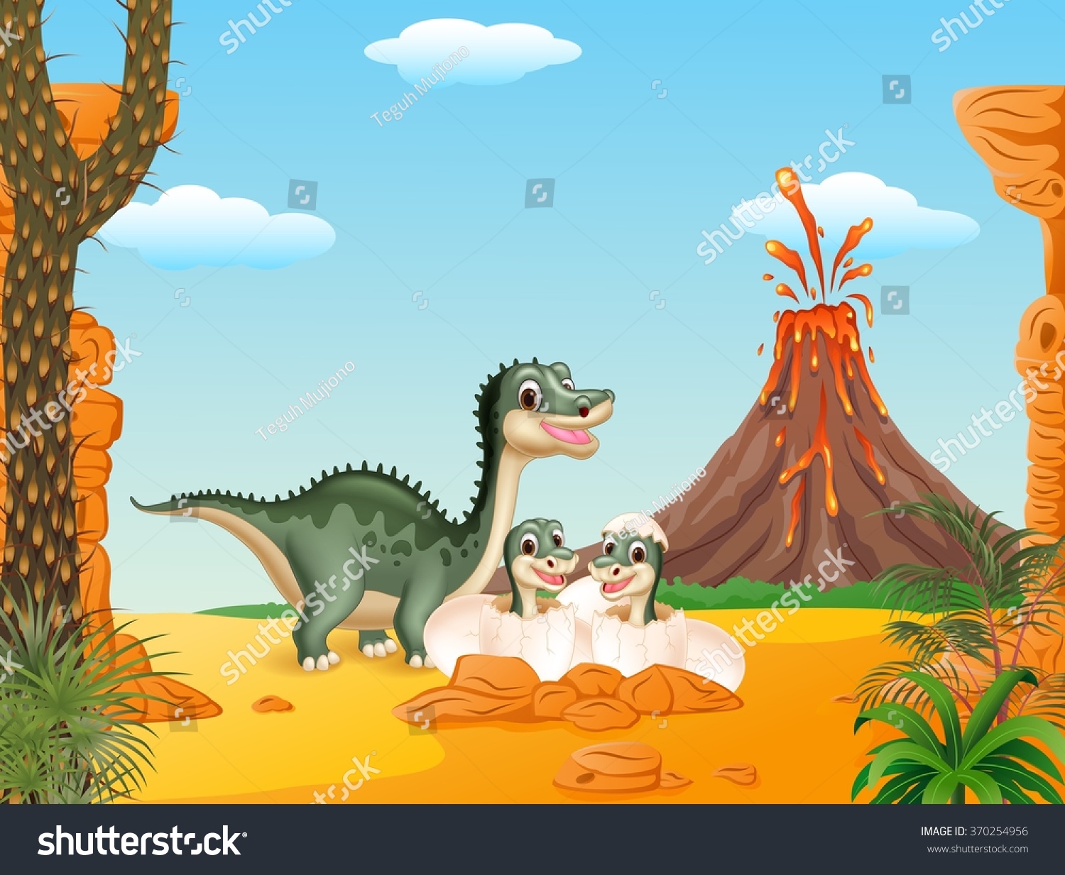 Cartoon Smile Mom Tyrannosaurus Dinosaur Baby Stock Illustration