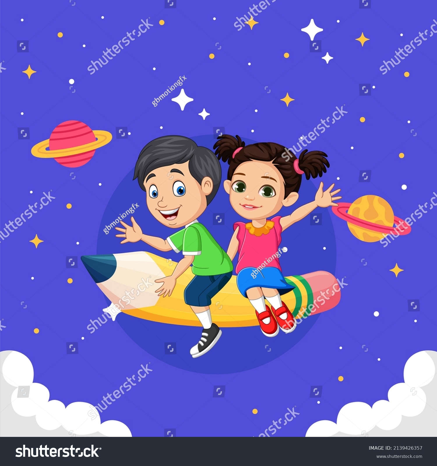 Cartoon Space Exploration By Kids Stock Illustration 2139426357 ...